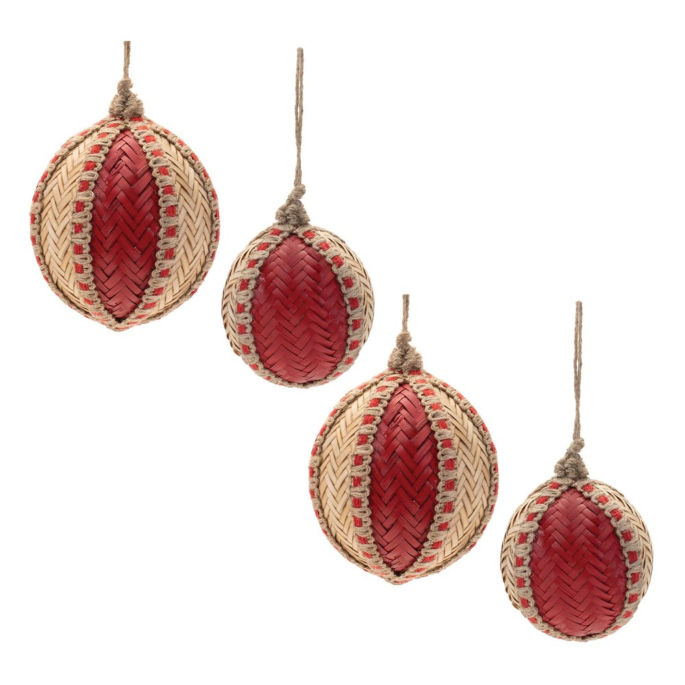 Set of Four Red And Natural Woven Bamboo Ball Ornaments HomeRoots