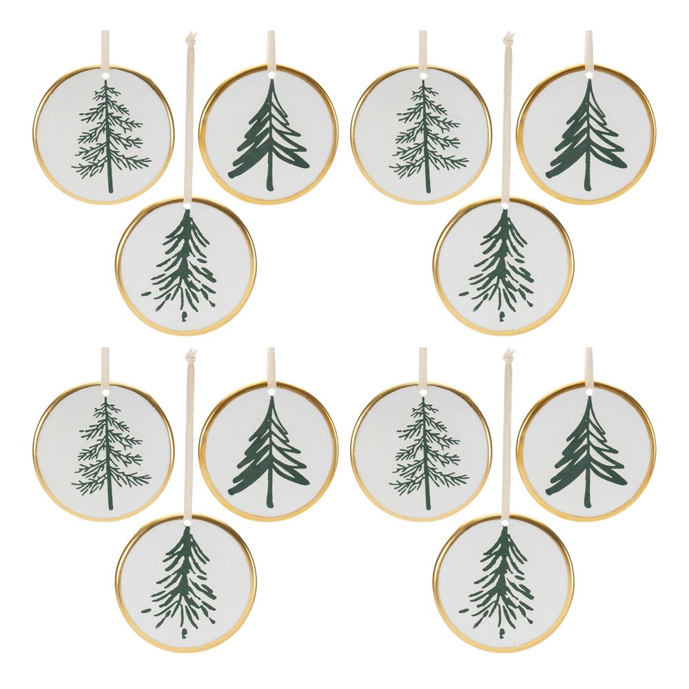 Set of Twelve White Green And Gold Ceramic Hanging Figurine Ornaments HomeRoots
