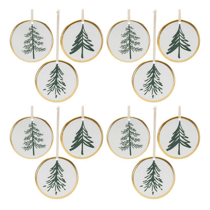 Set of Twelve White Green And Gold Ceramic Hanging Figurine Ornaments HomeRoots
