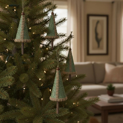 Set of Four Green And Natural Woven Bamboo Christmas Tree Shaped Ornaments HomeRoots