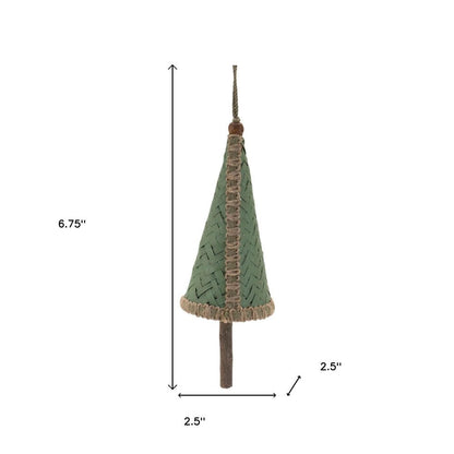 Set of Four Green And Natural Woven Bamboo Christmas Tree Shaped Ornaments HomeRoots