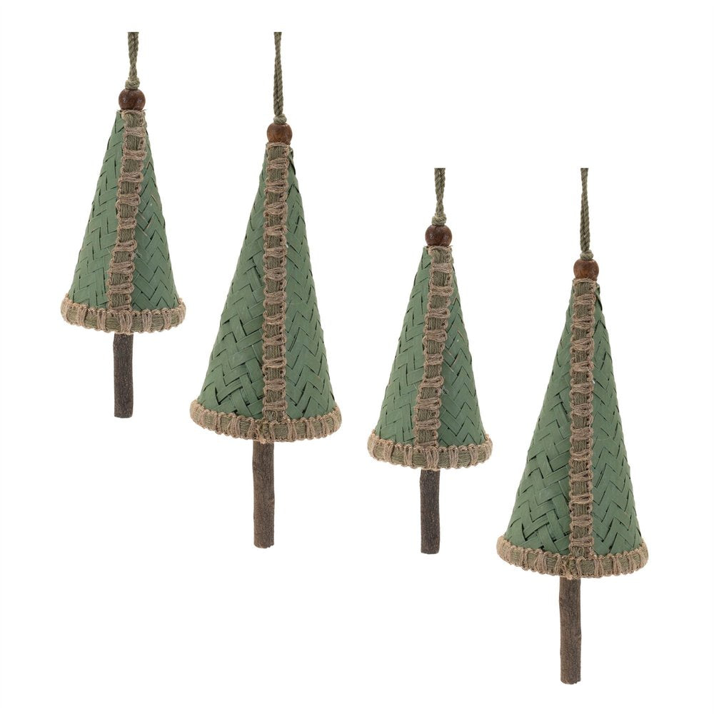 Set of Four Green And Natural Woven Bamboo Christmas Tree Shaped Ornaments HomeRoots