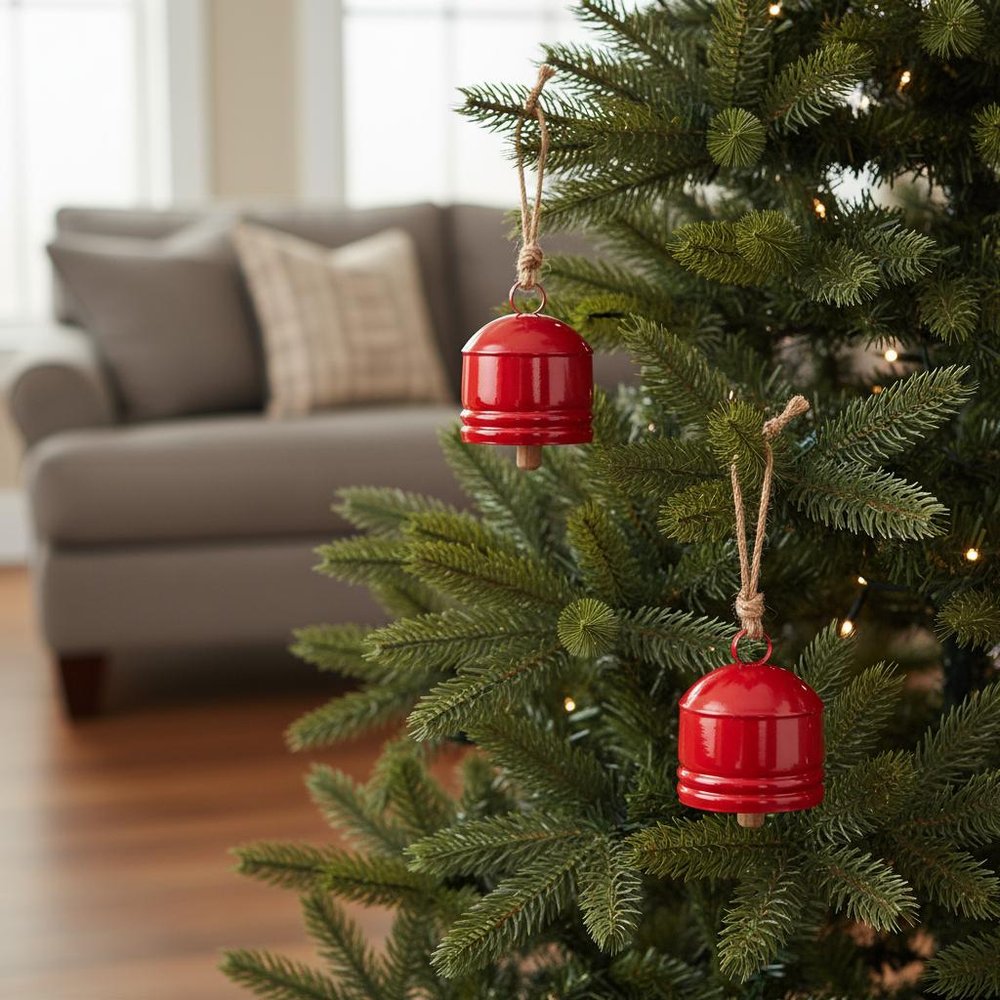 Set of Four Red And Natural Holiday Bell Shaped Ornaments HomeRoots