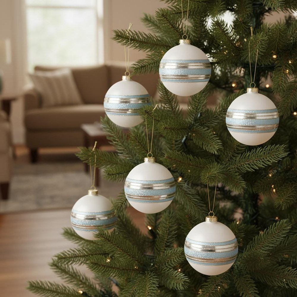 Set of Six Silver And Blue Glass Ball Ornaments HomeRoots