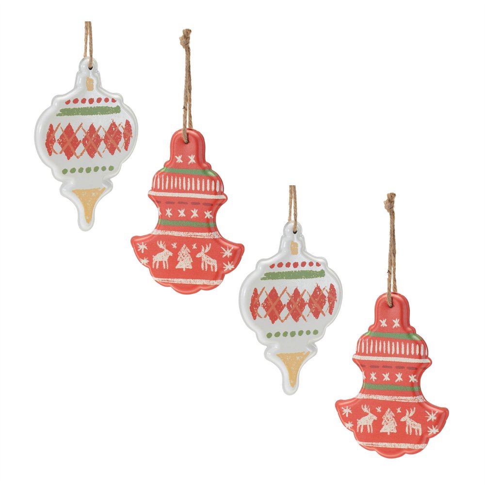 Set of Four Red White And Green Shatterproof Iron Hanging Figurine Ornaments HomeRoots