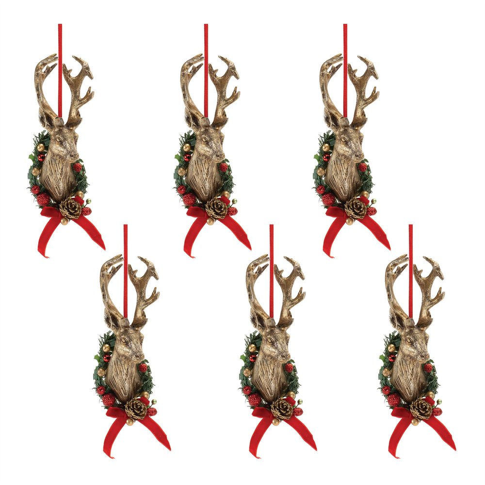Set of Six Brown Red And Green Resin Hanging Figurine Ornaments HomeRoots
