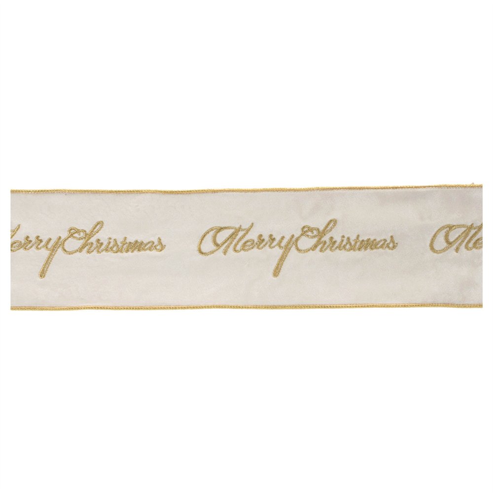 4" White And Gold Embroidered Merry Christmas Wired Ribbon HomeRoots