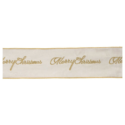 4" White And Gold Embroidered Merry Christmas Wired Ribbon HomeRoots