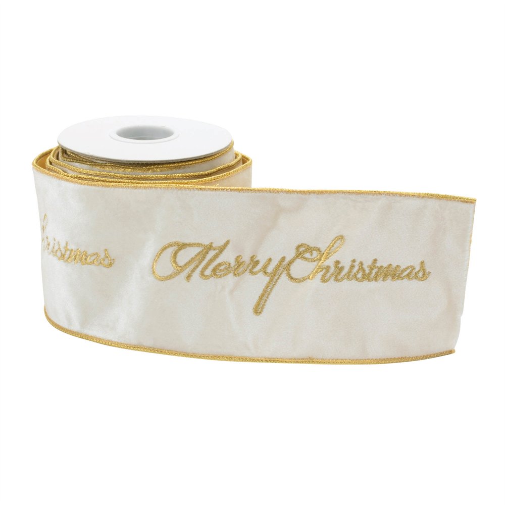 4" White And Gold Embroidered Merry Christmas Wired Ribbon HomeRoots