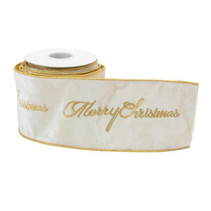 4" White And Gold Embroidered Merry Christmas Wired Ribbon HomeRoots