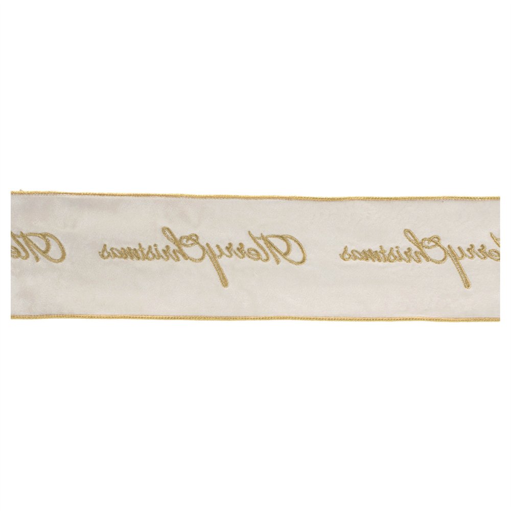 4" White And Gold Embroidered Merry Christmas Wired Ribbon HomeRoots