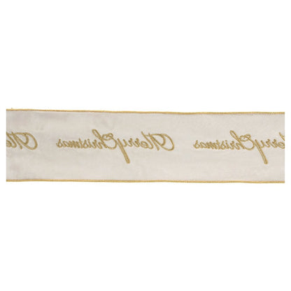 4" White And Gold Embroidered Merry Christmas Wired Ribbon HomeRoots