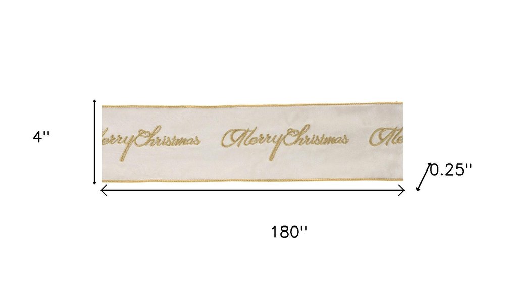 4" White And Gold Embroidered Merry Christmas Wired Ribbon HomeRoots
