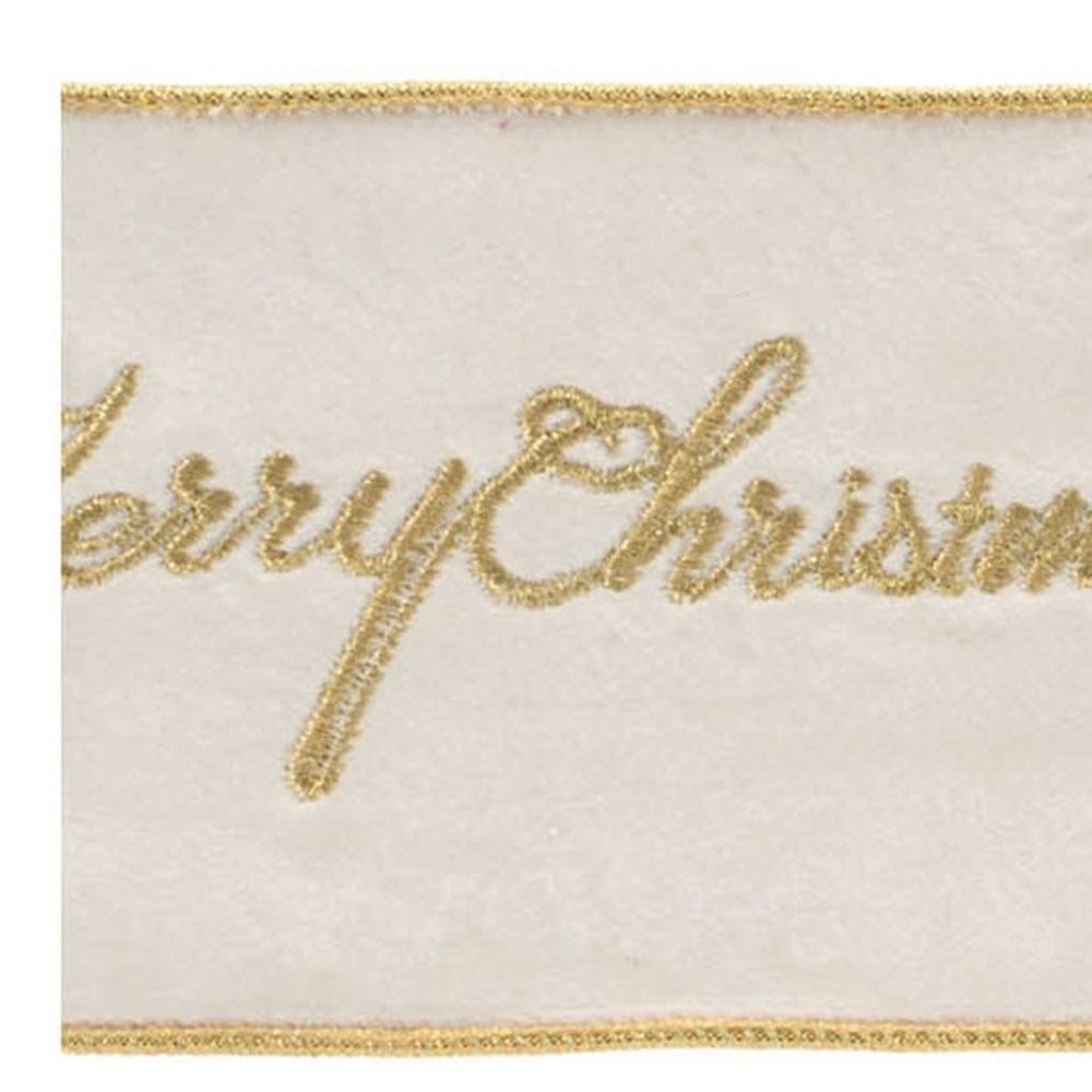 4" White And Gold Embroidered Merry Christmas Wired Ribbon HomeRoots