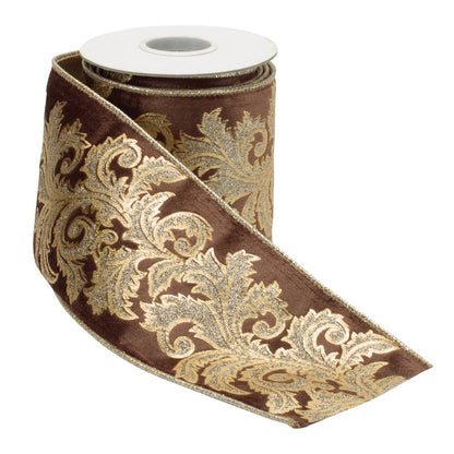 Embroidered Damask Wired Ribbon 4" x 5 Yds. Shatterproof Ribbon HomeRoots