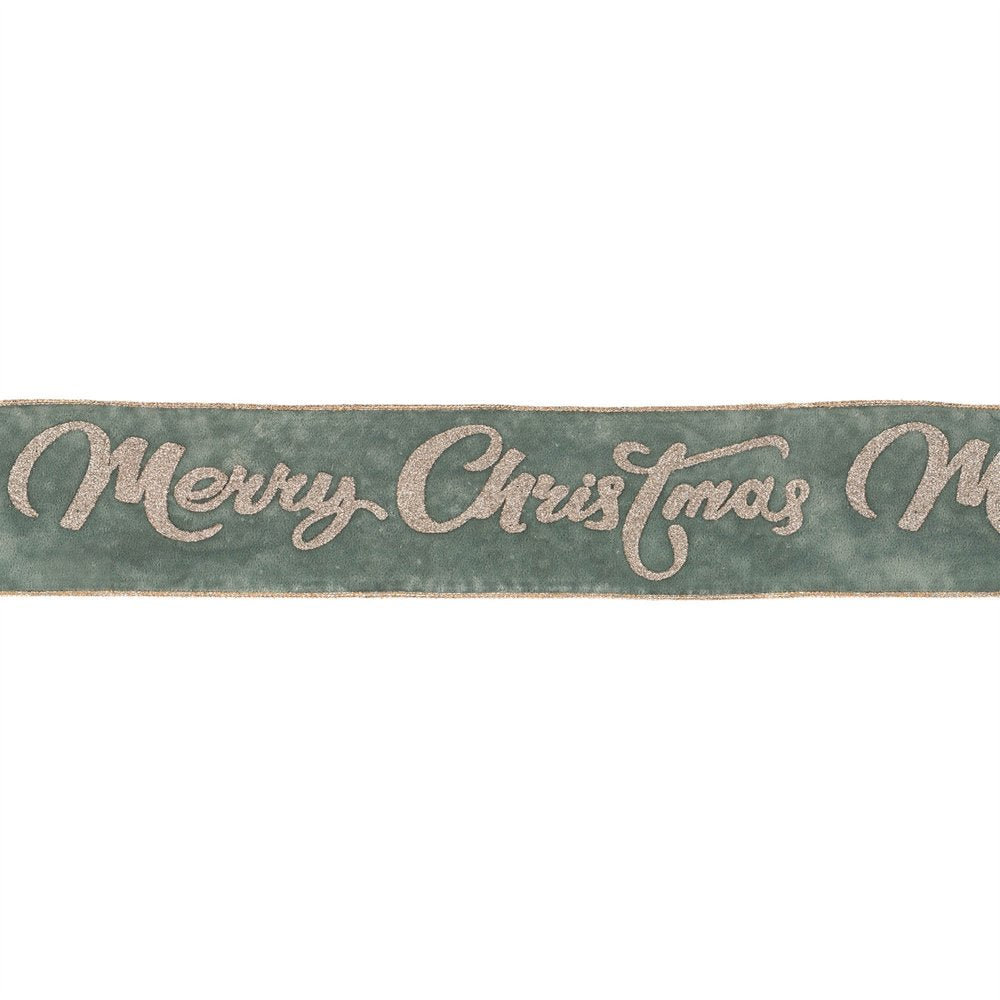 4" Green And Gold Glittered Merry Christmas Wired Ribbon HomeRoots