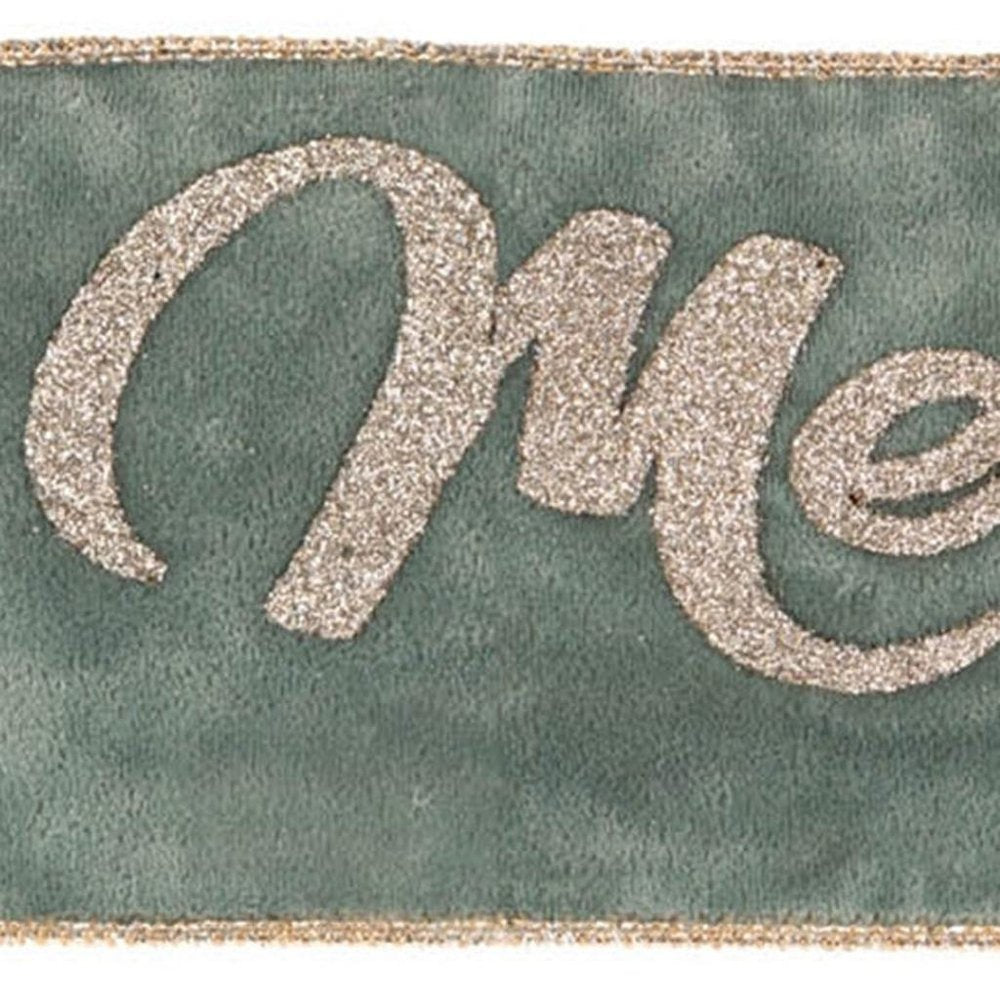 4" Green And Gold Glittered Merry Christmas Wired Ribbon HomeRoots