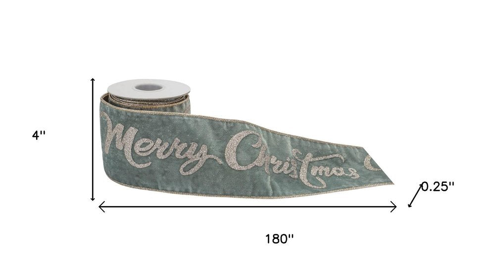 4" Green And Gold Glittered Merry Christmas Wired Ribbon HomeRoots