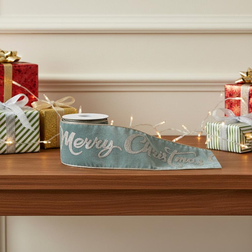 4" Green And Gold Glittered Merry Christmas Wired Ribbon HomeRoots