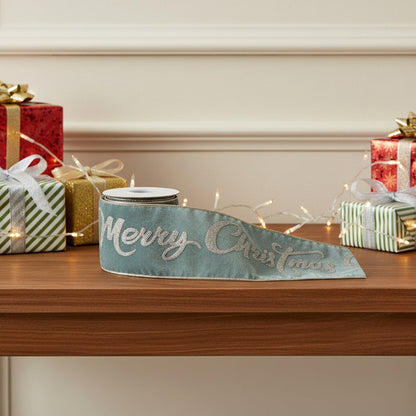 4" Green And Gold Glittered Merry Christmas Wired Ribbon HomeRoots