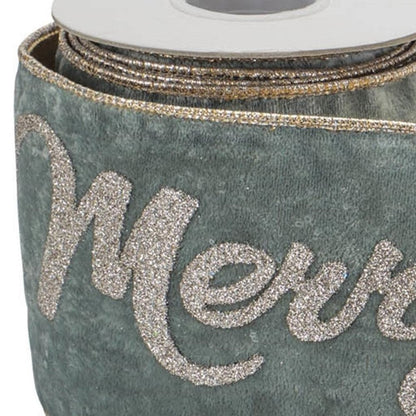 4" Green And Gold Glittered Merry Christmas Wired Ribbon HomeRoots