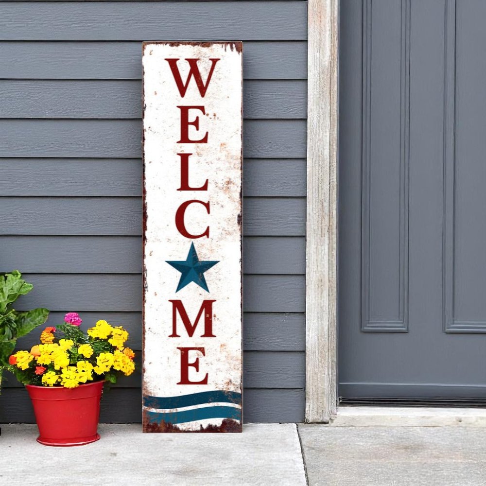 36" Red White And Blue Americana Solid Wood Welcome Reversible Porch Sign HomeRoots