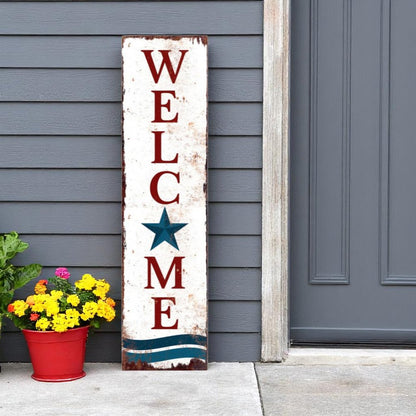 36" Red White And Blue Americana Solid Wood Welcome Reversible Porch Sign HomeRoots