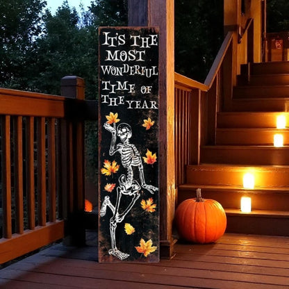 36" Black Gold And Orange Halloween Skeleton Solid Wood Porch Sign HomeRoots