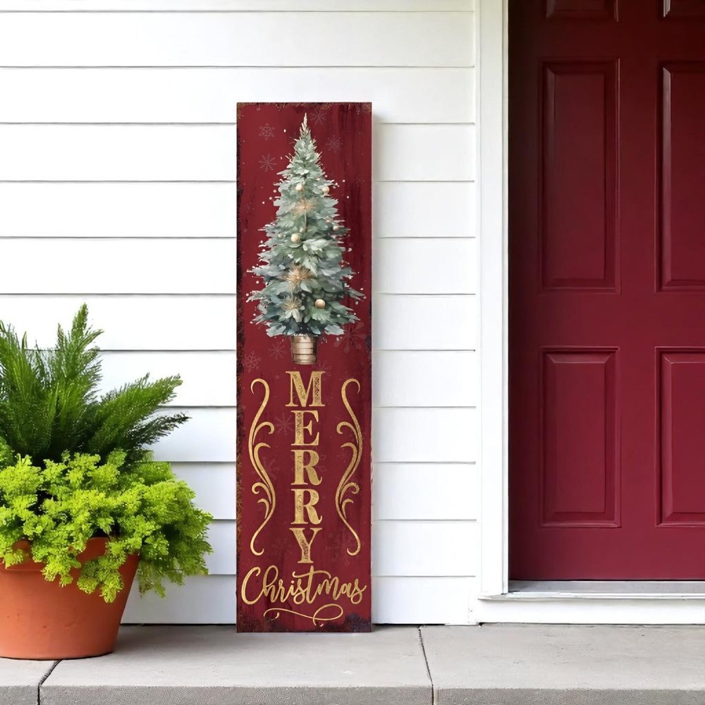 36" Green And Red Solid Wood Merry Christmas Porch Sign HomeRoots