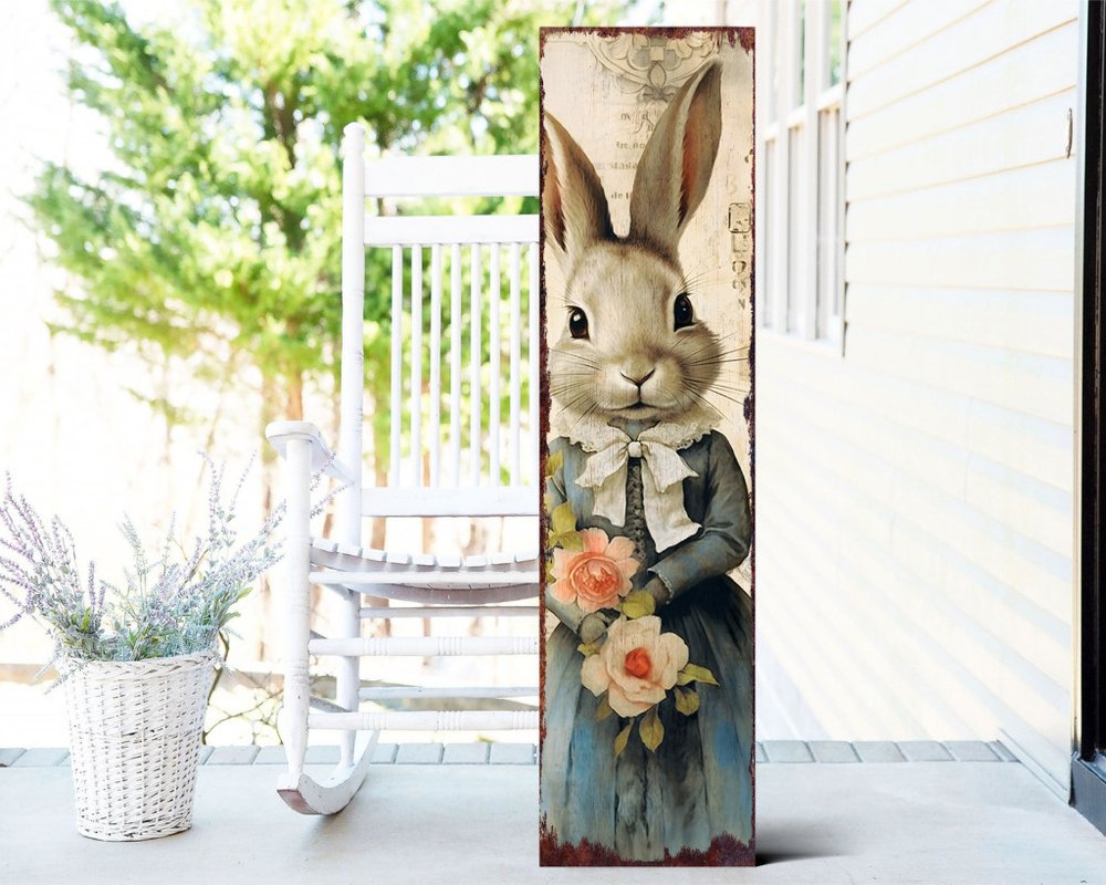 36" Off White And Blue Happy Easter Bunny Solid Wood Porch Sign HomeRoots