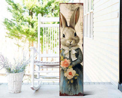 36" Off White And Blue Happy Easter Bunny Solid Wood Porch Sign HomeRoots