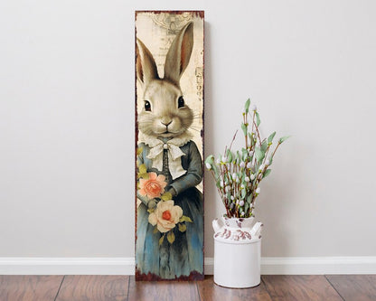 36" Off White And Blue Happy Easter Bunny Solid Wood Porch Sign HomeRoots