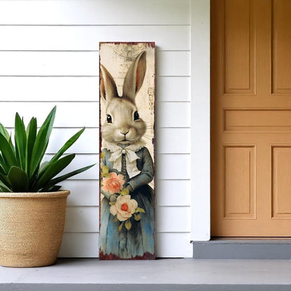 36" Off White And Blue Happy Easter Bunny Solid Wood Porch Sign HomeRoots