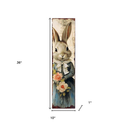 36" Off White And Blue Happy Easter Bunny Solid Wood Porch Sign HomeRoots