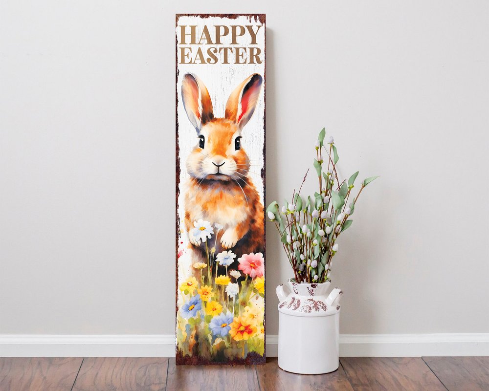 36" Brown White And Yellow Happy Easter Bunny Solid Wood Porch Sign HomeRoots