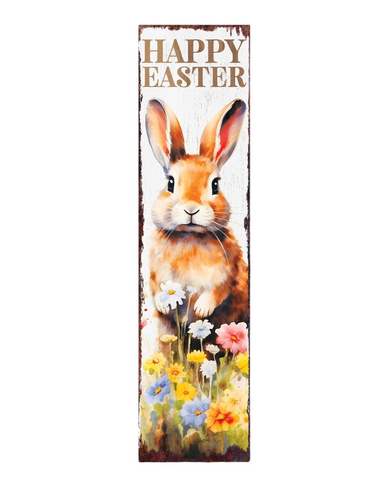 36" Brown White And Yellow Happy Easter Bunny Solid Wood Porch Sign HomeRoots