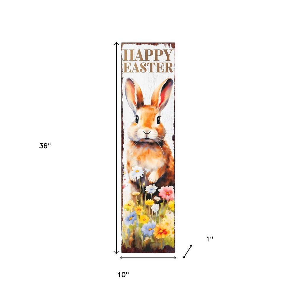 36" Brown White And Yellow Happy Easter Bunny Solid Wood Porch Sign HomeRoots