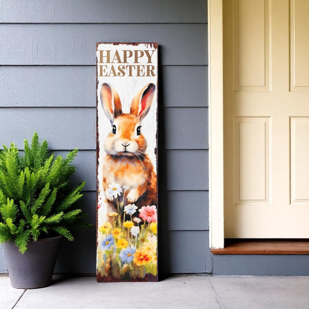36" Brown White And Yellow Happy Easter Bunny Solid Wood Porch Sign HomeRoots