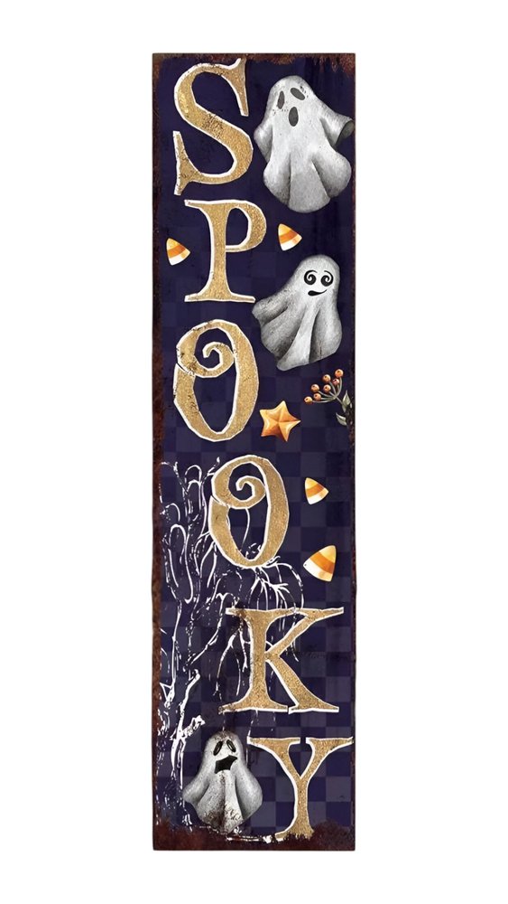 36" Black Gold And Orange Spooky Halloween Ghost Solid Wood Porch Sign HomeRoots