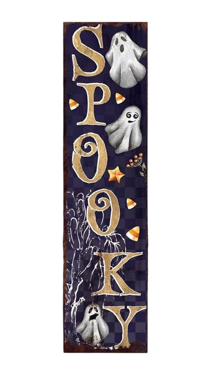 36" Black Gold And Orange Spooky Halloween Ghost Solid Wood Porch Sign HomeRoots