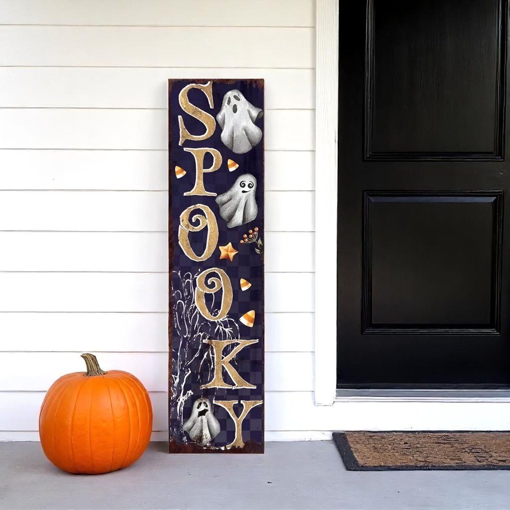 36" Black Gold And Orange Spooky Halloween Ghost Solid Wood Porch Sign HomeRoots
