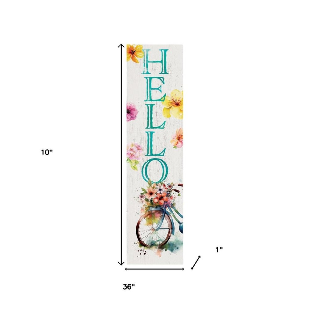 36" White And Turquoise Hello Solid Wood Porch Sign HomeRoots