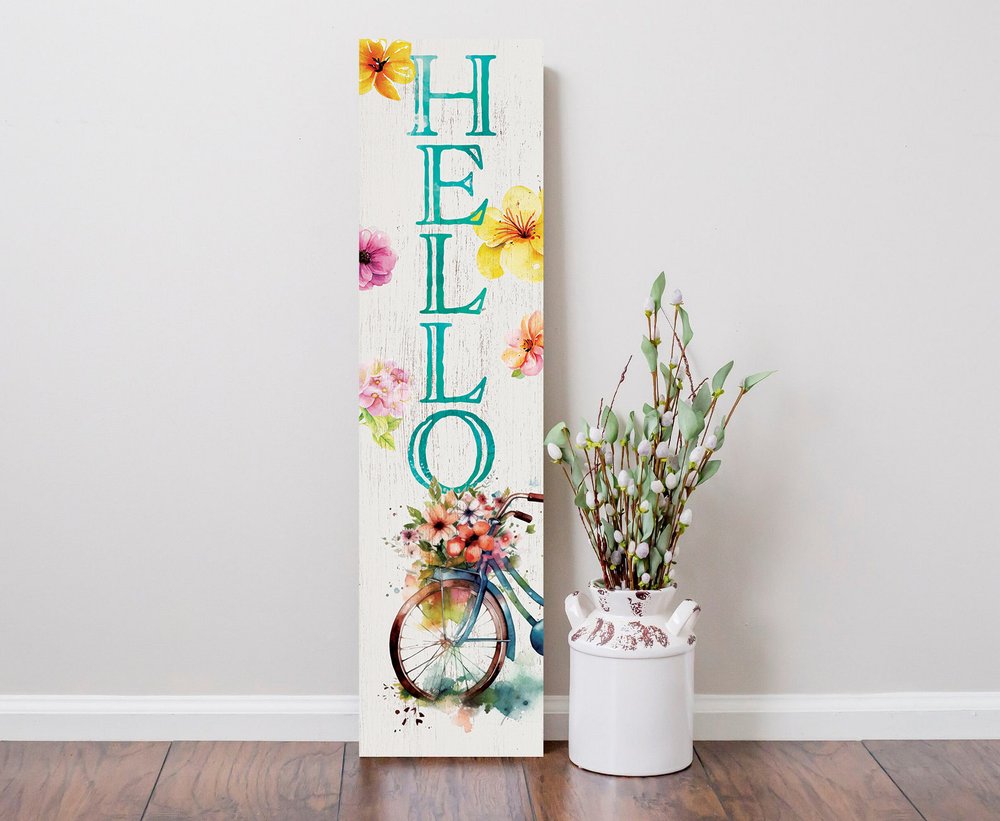 36" White And Turquoise Hello Solid Wood Porch Sign HomeRoots