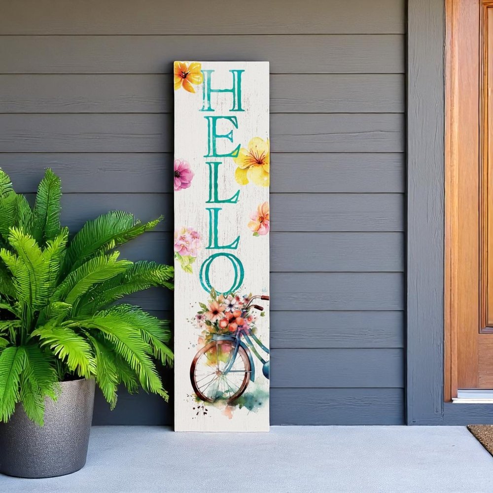 36" White And Turquoise Hello Solid Wood Porch Sign HomeRoots