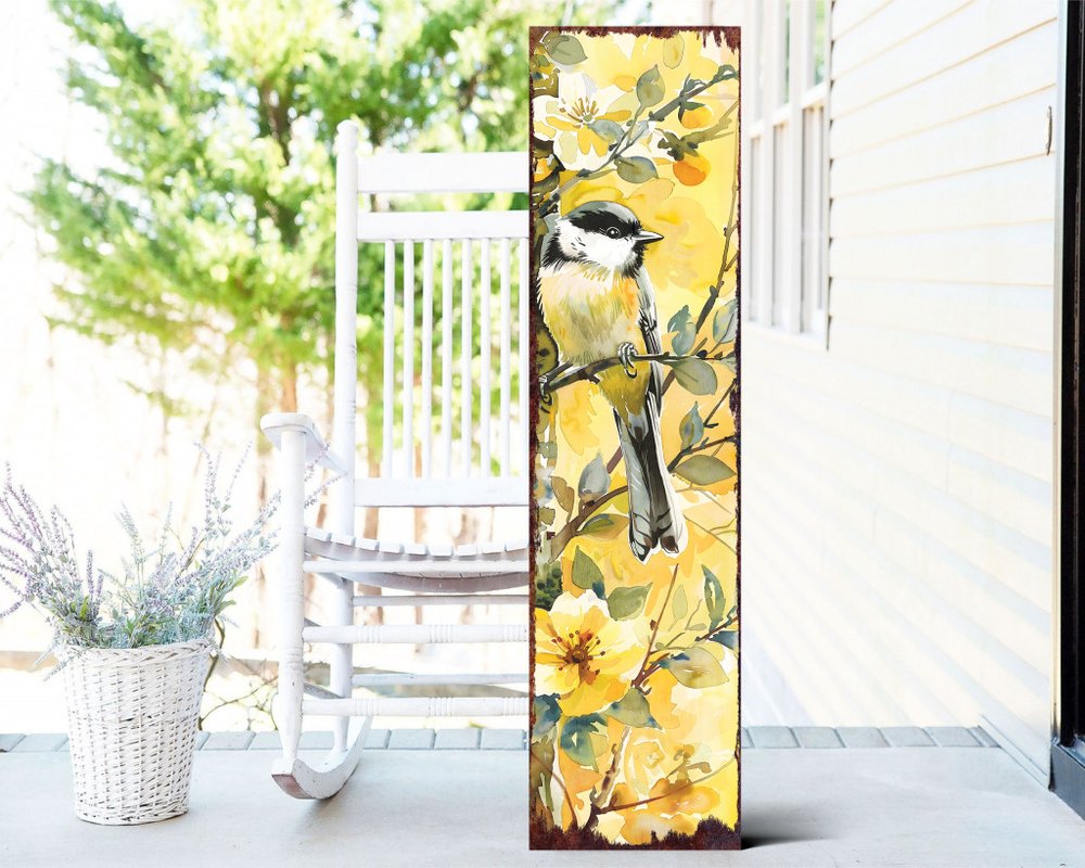36" Yellow Chickadee Solid Wood Porch Sign HomeRoots