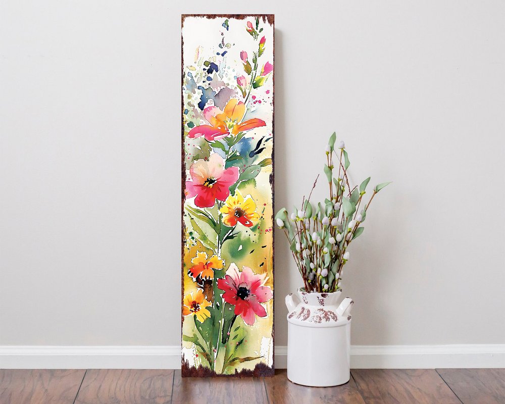 36" White Pink And Yellow Wildflowers Solid Wood Porch Sign HomeRoots