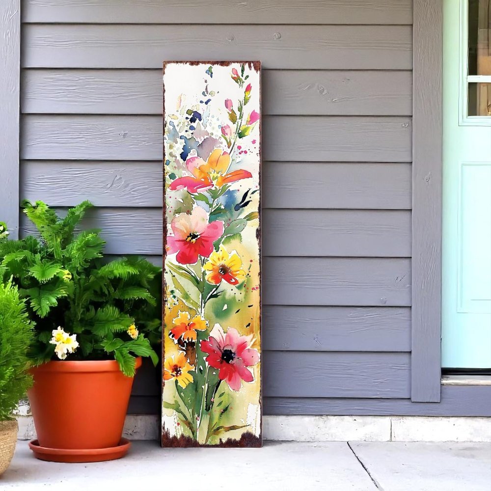 36" White Pink And Yellow Wildflowers Solid Wood Porch Sign HomeRoots