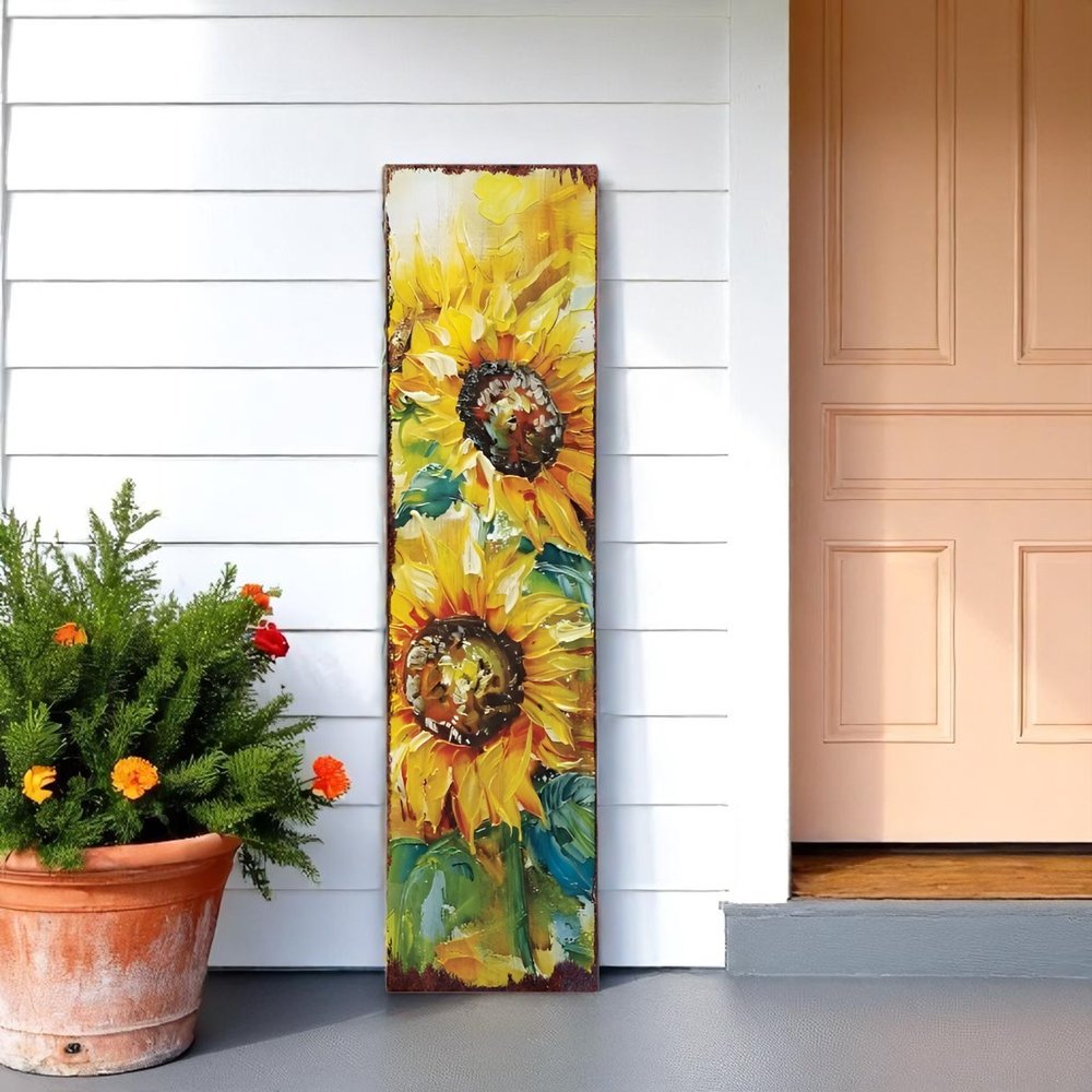 36"  Yellow Brown And Green Sunflowers Solid Wood Porch Sign HomeRoots