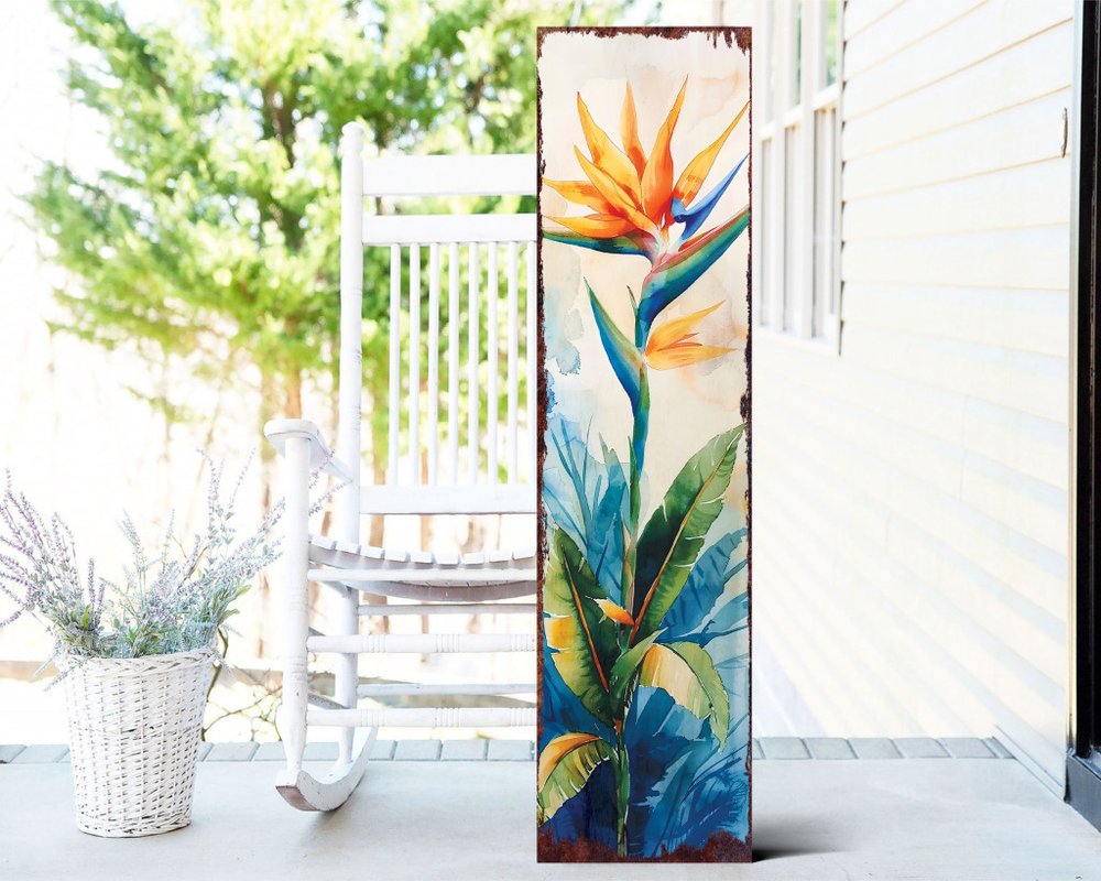 36" Off White Orange And Blue Tropical Floral Solid Wood Porch Sign HomeRoots
