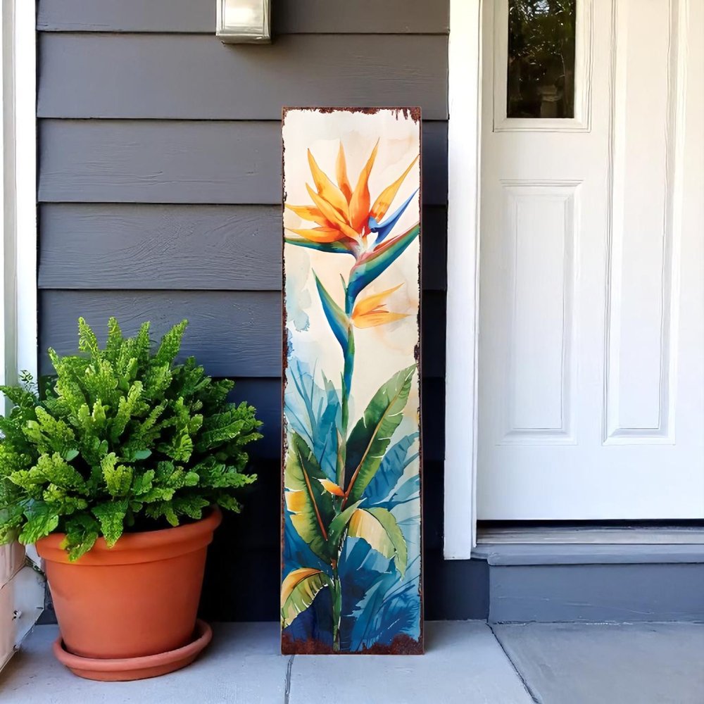 36" Off White Orange And Blue Tropical Floral Solid Wood Porch Sign HomeRoots